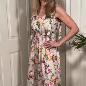 Floral Side-Split, V-Neck Sleeveless Dress With Shoulder Bow Ties Sleeveless